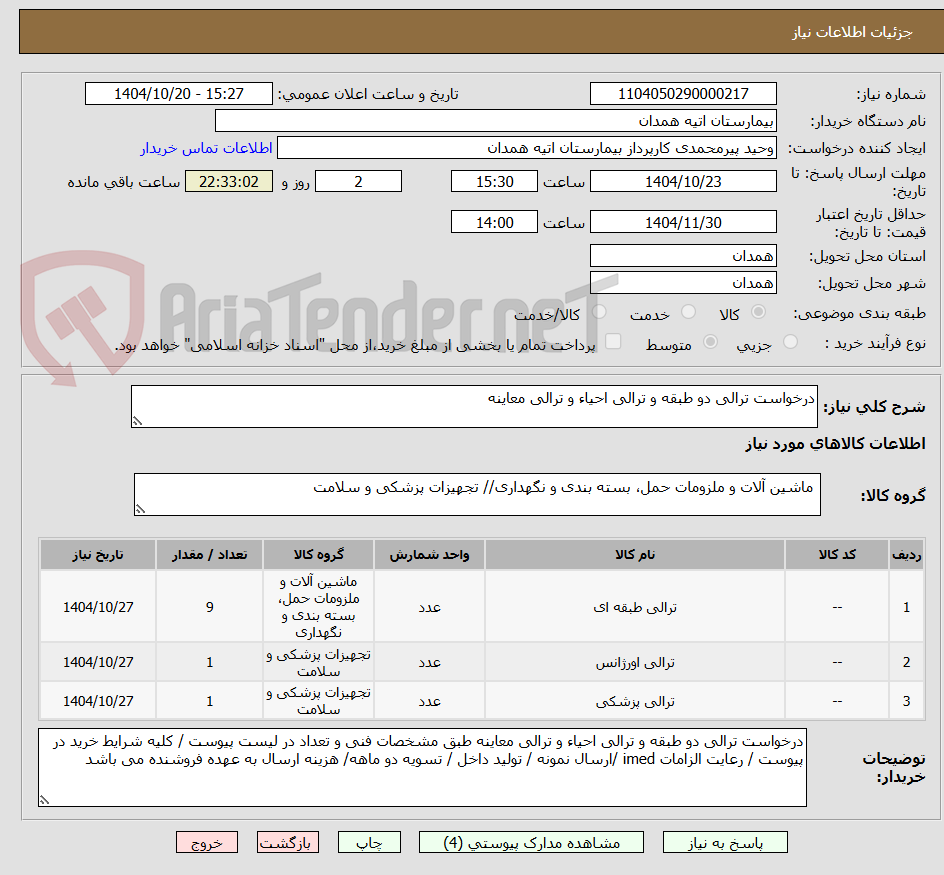 تصویر کوچک آگهی درخواست ترالی دو طبقه و ترالی احیاء و ترالی معاینه 
