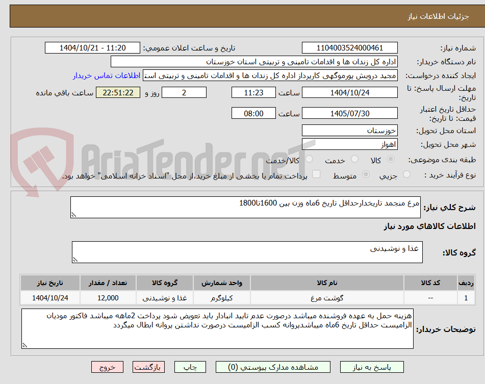تصویر کوچک آگهی مرغ منجمد تاریخدارحداقل تاریخ 6ماه وزن بین 1600تا1800