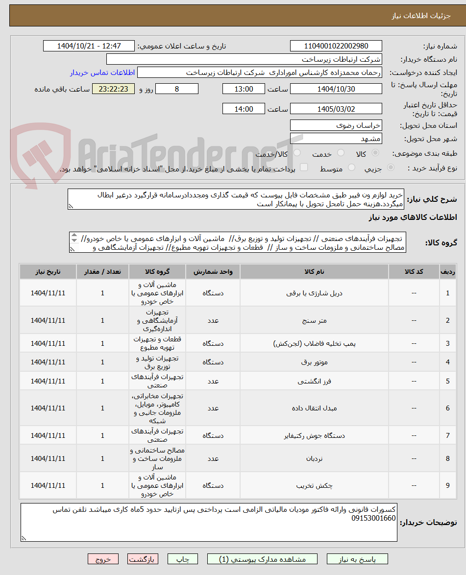 تصویر کوچک آگهی خرید لوازم ون فیبر طبق مشخصات فایل پیوست که قیمت گذاری ومجددادرسامانه قرارگیرد درغیر ابطال میگردد.هزینه حمل تامحل تحویل با پیمانکار است