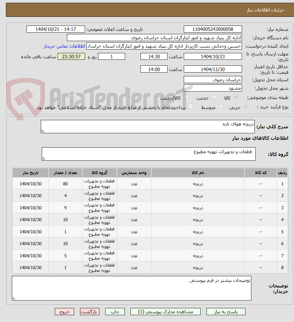 تصویر کوچک آگهی دریچه هوای تازه