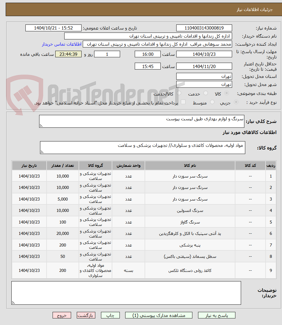 تصویر کوچک آگهی سرنگ و لوازم بهداری طبق لیست پیوست
