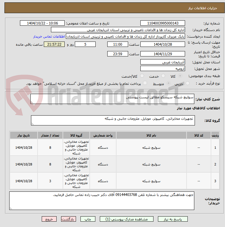 تصویر کوچک آگهی سوئیچ شبکه سیسکو مطالق لیست پیوستی 