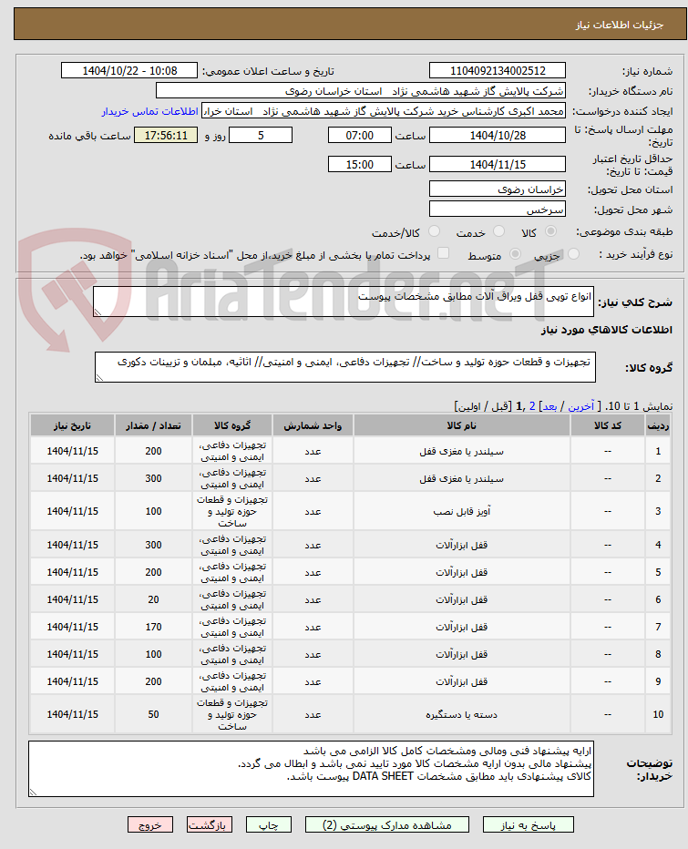 تصویر کوچک آگهی انواع توپی قفل ویراق آلات مطابق مشخصات پیوست 