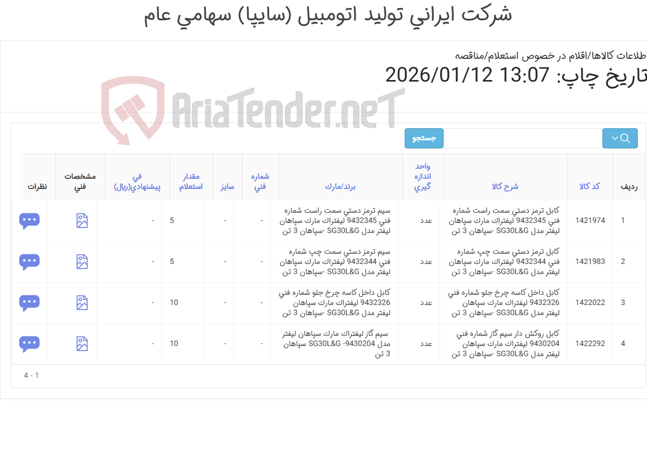 تصویر کوچک آگهی سیم گاز و ترمز لیفتراک SG سپاهان