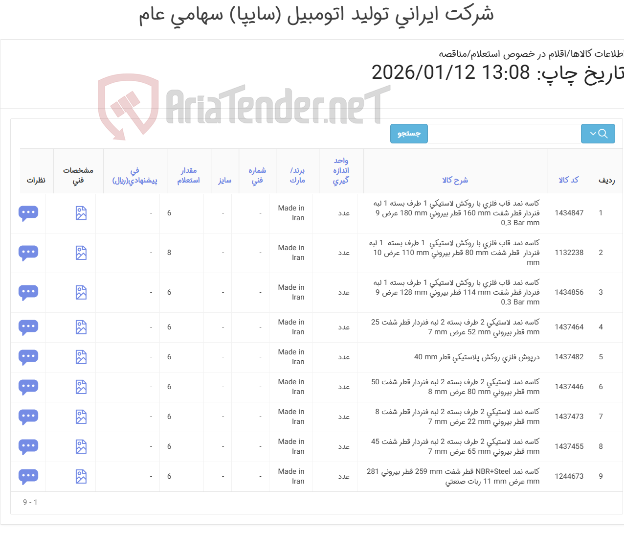 تصویر کوچک آگهی تامین هشت ردیف کاسه نمد و درپوش
