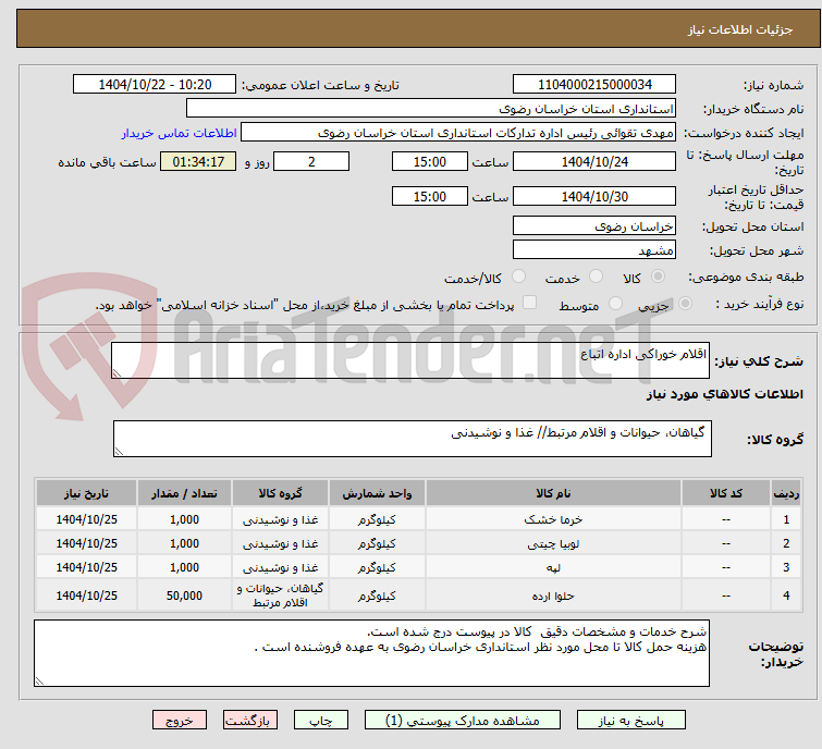 تصویر کوچک آگهی اقلام خوراکی اداره اتباع