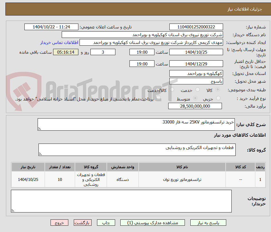 تصویر کوچک آگهی خرید ترانسفورماتور 25KV سه فاز 33000