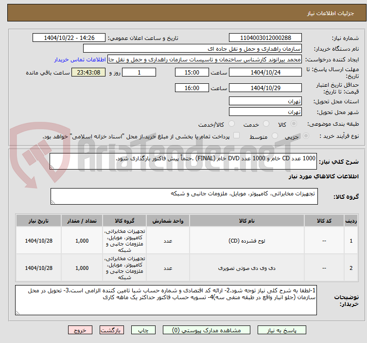 تصویر کوچک آگهی 1000 عدد CD خام و 1000 عدد DVD خام (FINAL) .حتماً پیش فاکتور بارگذاری شود.