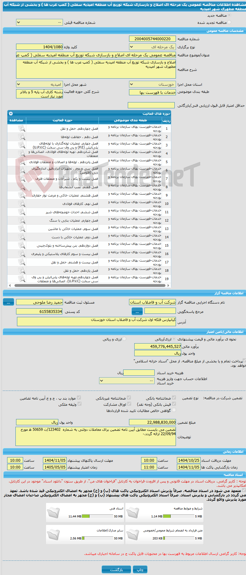 تصویر کوچک آگهی مناقصه عمومی یک مرحله ای اصلاح و بازسازی شبکه توزیع آب منطقه امیدیه سفلی ( کمپ عرب ها ) و بخشی از شبکه آب منطقه مطهری شهر امیدیه