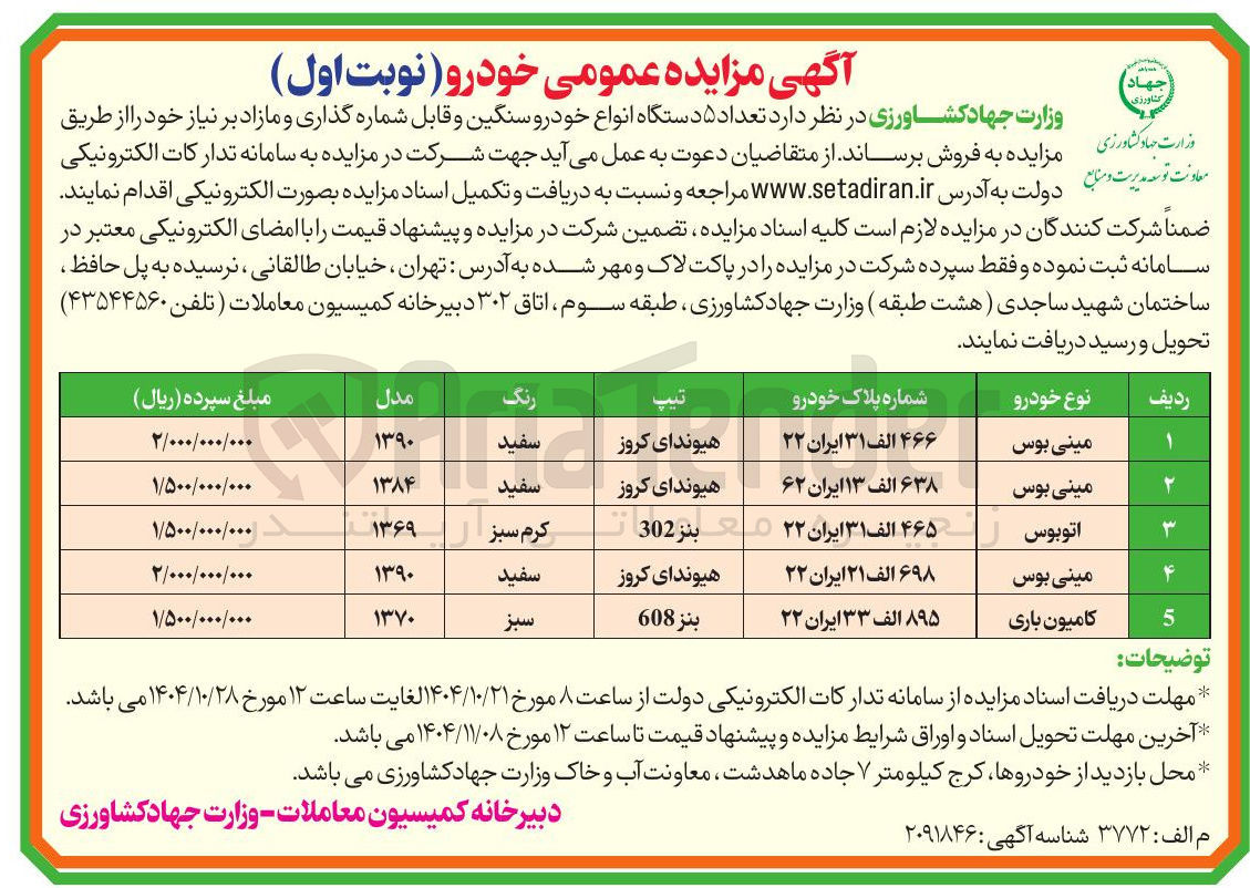 تصویر کوچک آگهی فروش تعداد 5 دستگاه انواع خودرو سنگین و قابل شماره گذاری و مازاد برنیاز