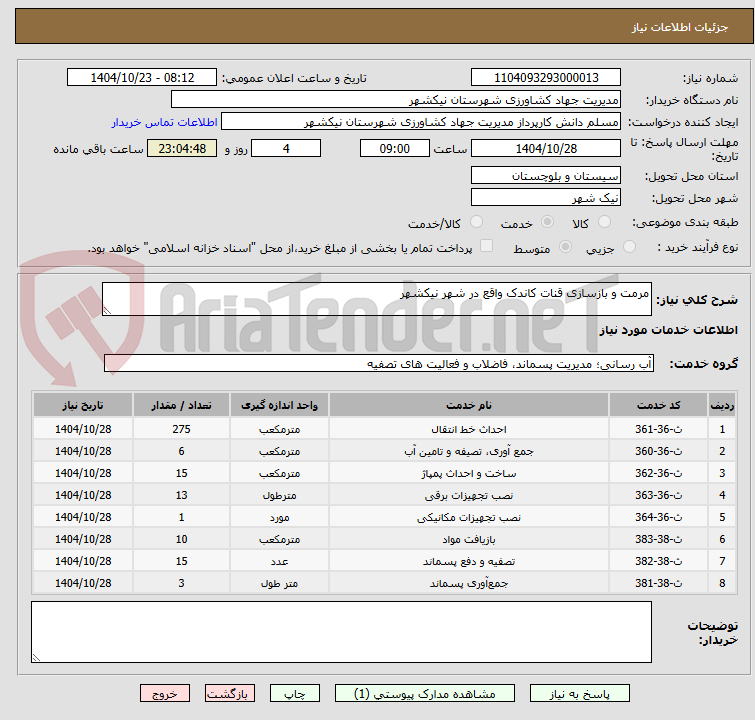 تصویر کوچک آگهی مرمت و بازسازی قنات کاندک واقع در شهر نیکشهر
