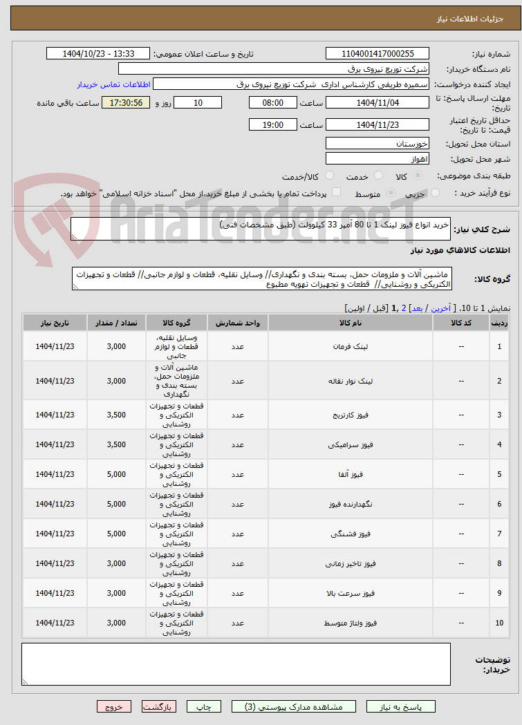 تصویر کوچک آگهی خرید انواع فیوز لینک 1 تا 80 آمپر 33 کیلوولت (طبق مشخصات فنی)