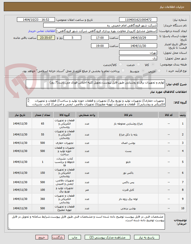 تصویر کوچک آگهی لوازم و تجهیزات برق و روشنایی طبق فایل پیوست.تحویل کلیه اجناس فوری می باشد(7 روز)