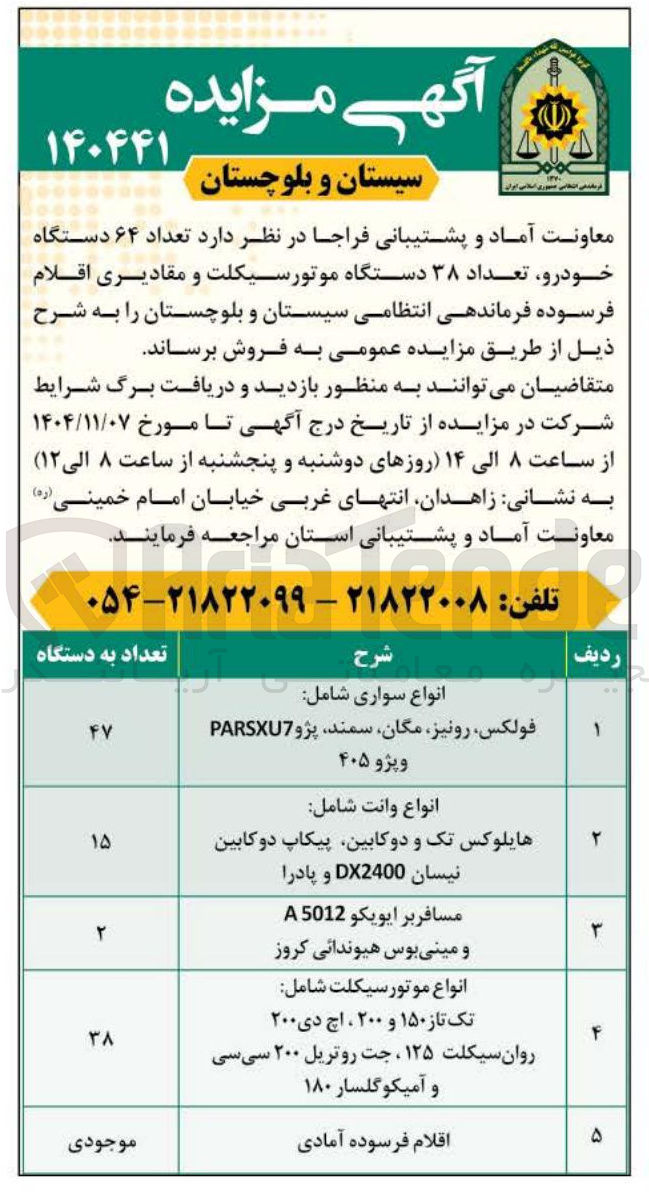 تصویر کوچک آگهی فروش تعداد 64 دستگاه خودرو، تعداد 38 دستگاه موتورسیکلت و مقادیری اقلام فرسوده