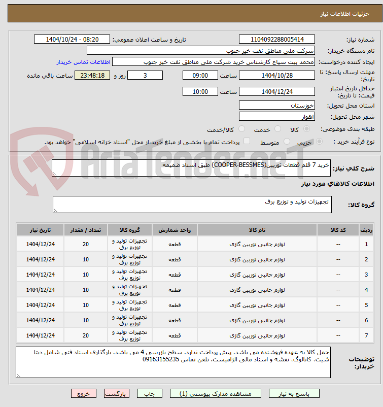 تصویر کوچک آگهی خرید 7 قلم قطعات توربین(COOPER-BESSMES) طبق اسناد ضمیمه
