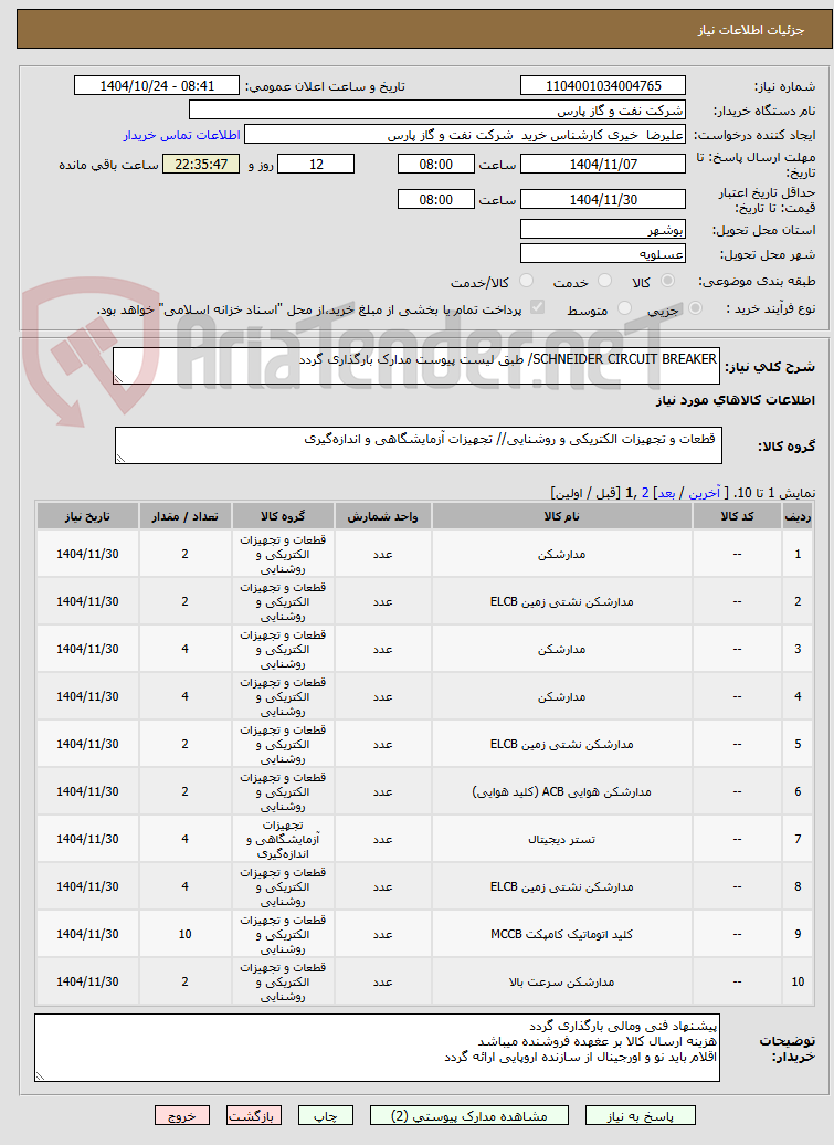 تصویر کوچک آگهی SCHNEIDER CIRCUIT BREAKER/ طبق لیست پیوست مدارک بارگذاری گردد