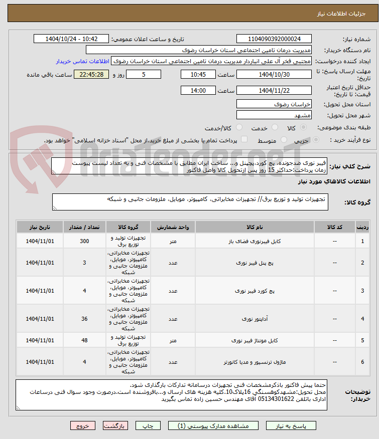 تصویر کوچک آگهی فیبر نوری ضدجونده، پچ کورد،پچپنل و... ساخت ایران مطابق با مشخصات فنی و به تعداد لیست پیوست
زمان پرداخت:حداکثر 15 روز پس ازتحویل کالا واصل فاکتور