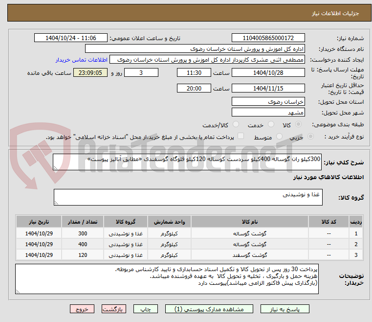 تصویر کوچک آگهی 300کیلو ران گوساله 400کیلو سردست کوساله 120کیلو قلوگاه گوسفندی «مطابق آنالیز پیوست»