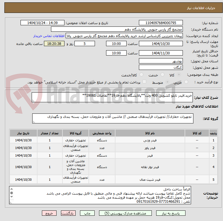 تصویر کوچک آگهی خرید:فیدر تابلو کشویی 400 ولت**پالایشگاه دهم-فاز19**تقاضای 19061**