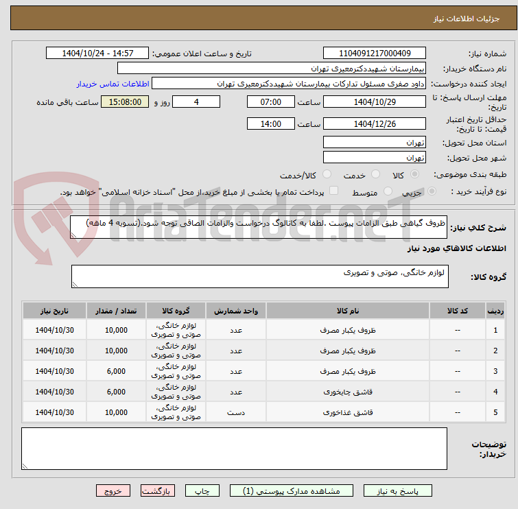 ظروف گیاهی طبق الزامات پیوست .لطفا به کاتالوگ درخواست والزامات الصاقی توجه شود.(تسویه 4 ماهه)