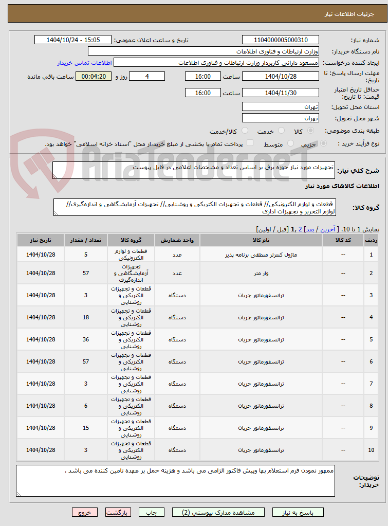 تصویر کوچک آگهی تجهیزات مورد نیاز حوزه برق بر اساس تعداد و مشخصات اعلامی در فایل پیوست