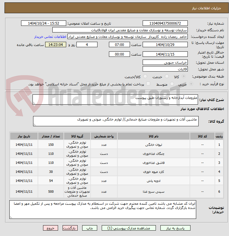 تصویر کوچک آگهی ملزومات آبدارخانه و رستوران طبق پیوست