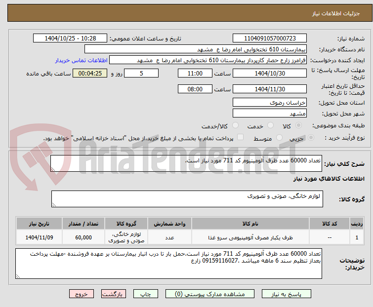 تصویر کوچک آگهی تعداد 60000 عدد ظرف آلومینیوم کد 711 مورد نیاز است.