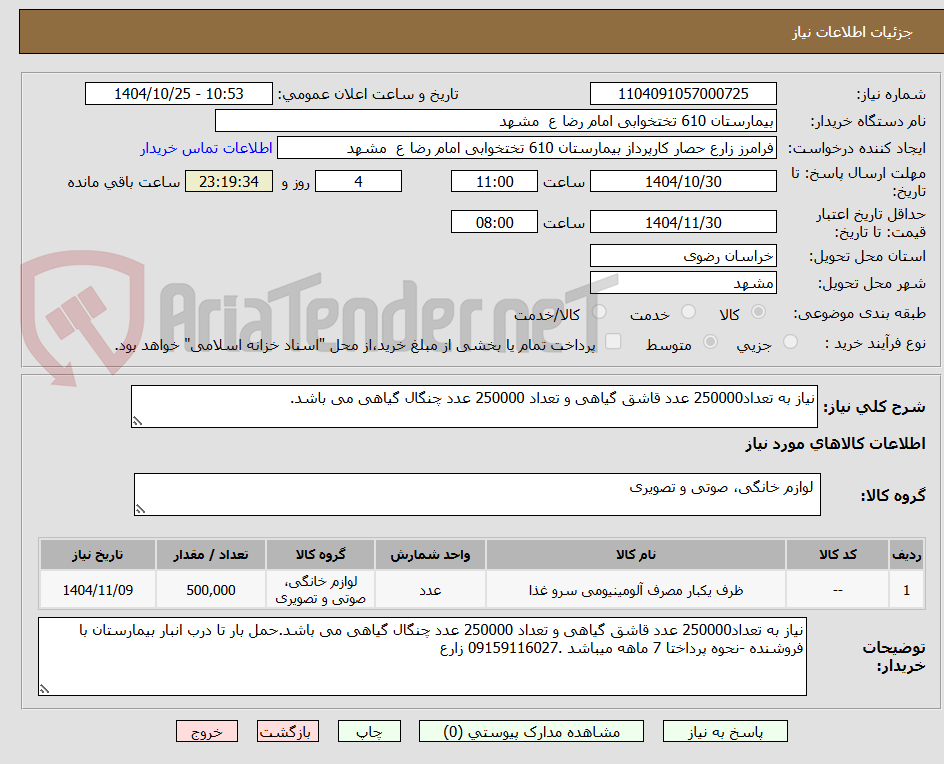 تصویر کوچک آگهی نیاز به تعداد250000 عدد قاشق گیاهی و تعداد 250000 عدد چنگال گیاهی می باشد.