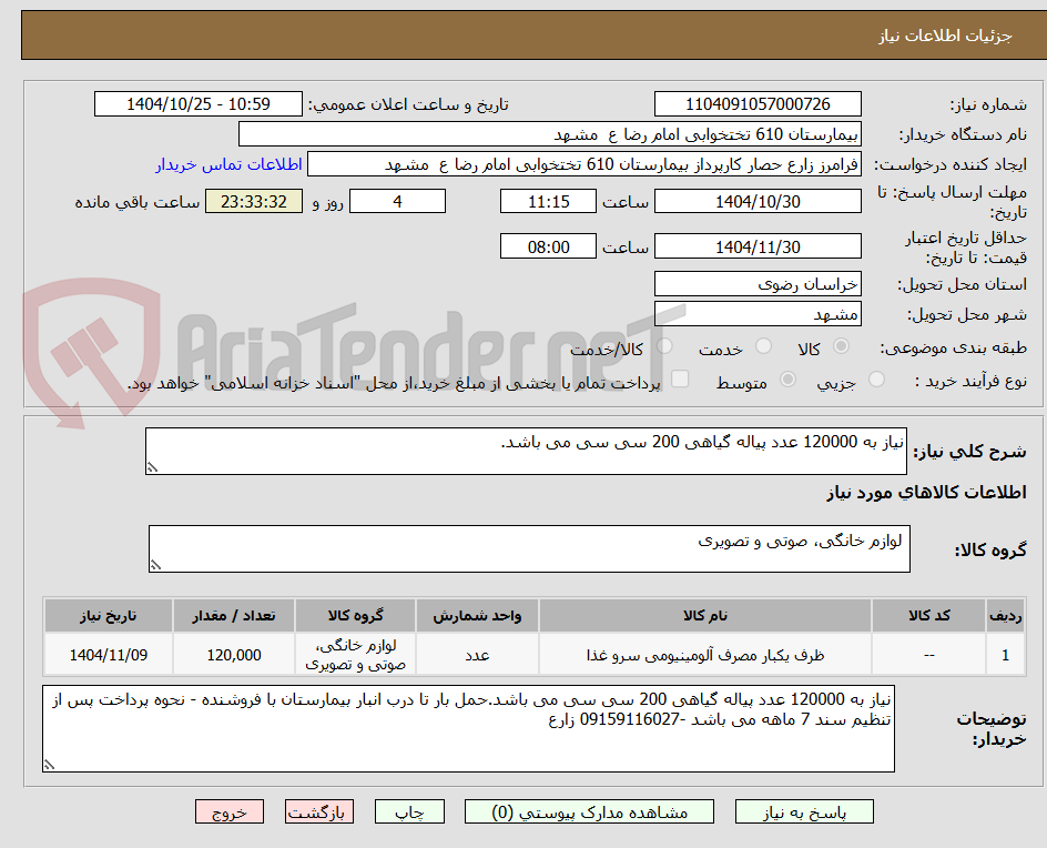 تصویر کوچک آگهی نیاز به 120000 عدد پیاله گیاهی 200 سی سی می باشد.