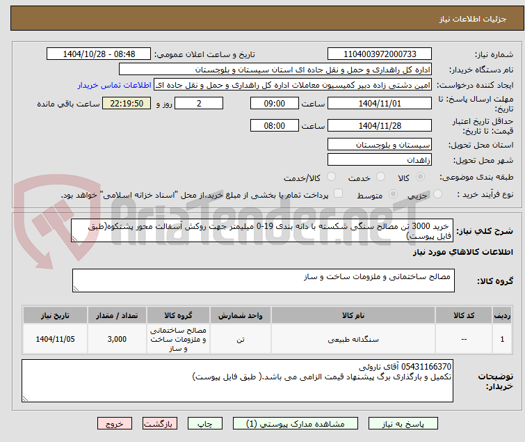 تصویر کوچک آگهی خرید 3000 تن مصالح سنگی شکسته با دانه بندی 19-0 میلیمتر جهت روکش آسفالت محور پشتکوه(طبق فایل پیوست)
