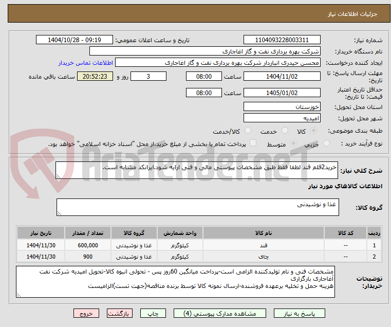 تصویر کوچک آگهی خرید2قلم قند لطفا فقط طبق مشخصات پیوستی مالی و فنی ارایه شود.ایرانکد مشابه است.