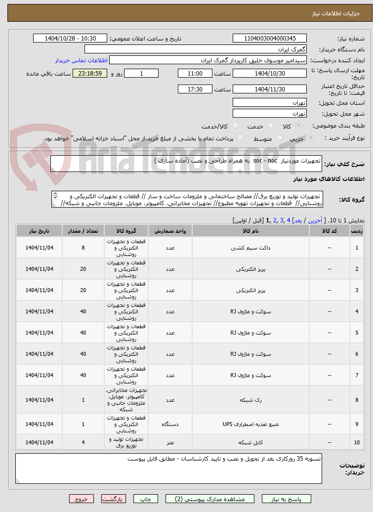 تصویر کوچک آگهی تجهیزات موردنیاز  soc - noc  به همراه طراحی و نصب (آماده سازی )