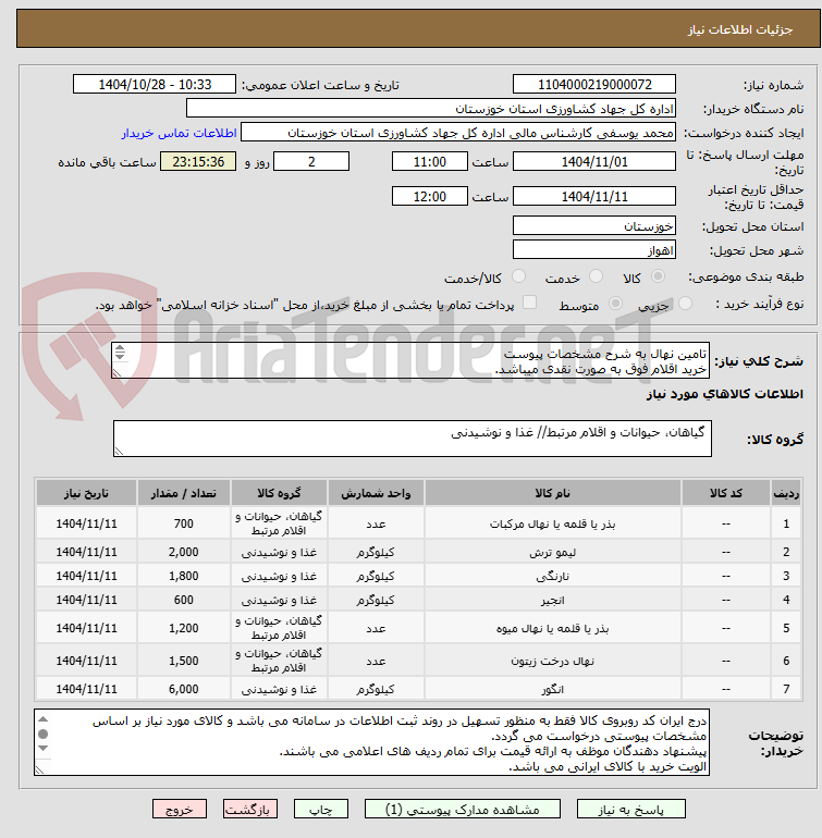 تصویر کوچک آگهی تامین نهال به شرح مشخصات پیوست
خرید اقلام فوق به صورت نقدی میباشد.