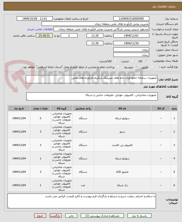 تصویر کوچک آگهی تجهیزات سامانه جمع آوری داده های میترینگ بارگیری فرآورده های نفتی