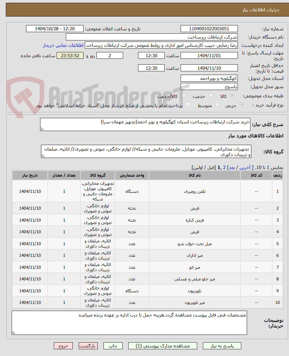 تصویر کوچک آگهی خرید شرکت ارتباطات زیرساخت استان کهگیلویه و بویر احمد(تجهیز مهمان سرا)