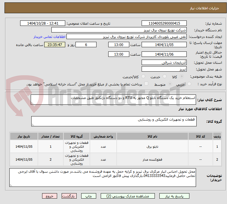 تصویر کوچک آگهی استعلام خرید یک دستگاه تابلو Q مجهز به RTU و دو دستگاه دژنکتور طبق مشخصات