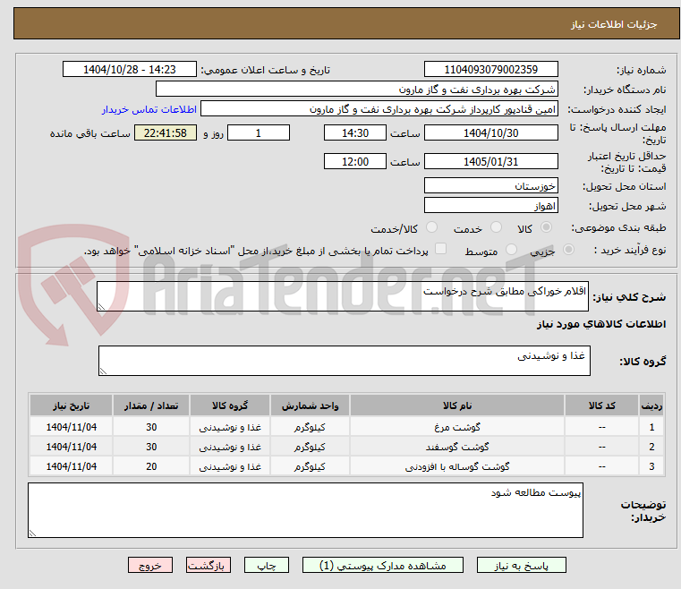 تصویر کوچک آگهی اقلام خوراکی مطابق شرح درخواست