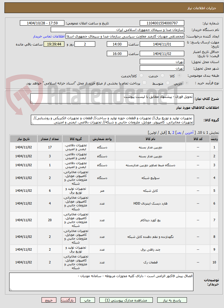 تصویر کوچک آگهی تحویل فوری - پیشنهاد مطابق با لیست پیوست 