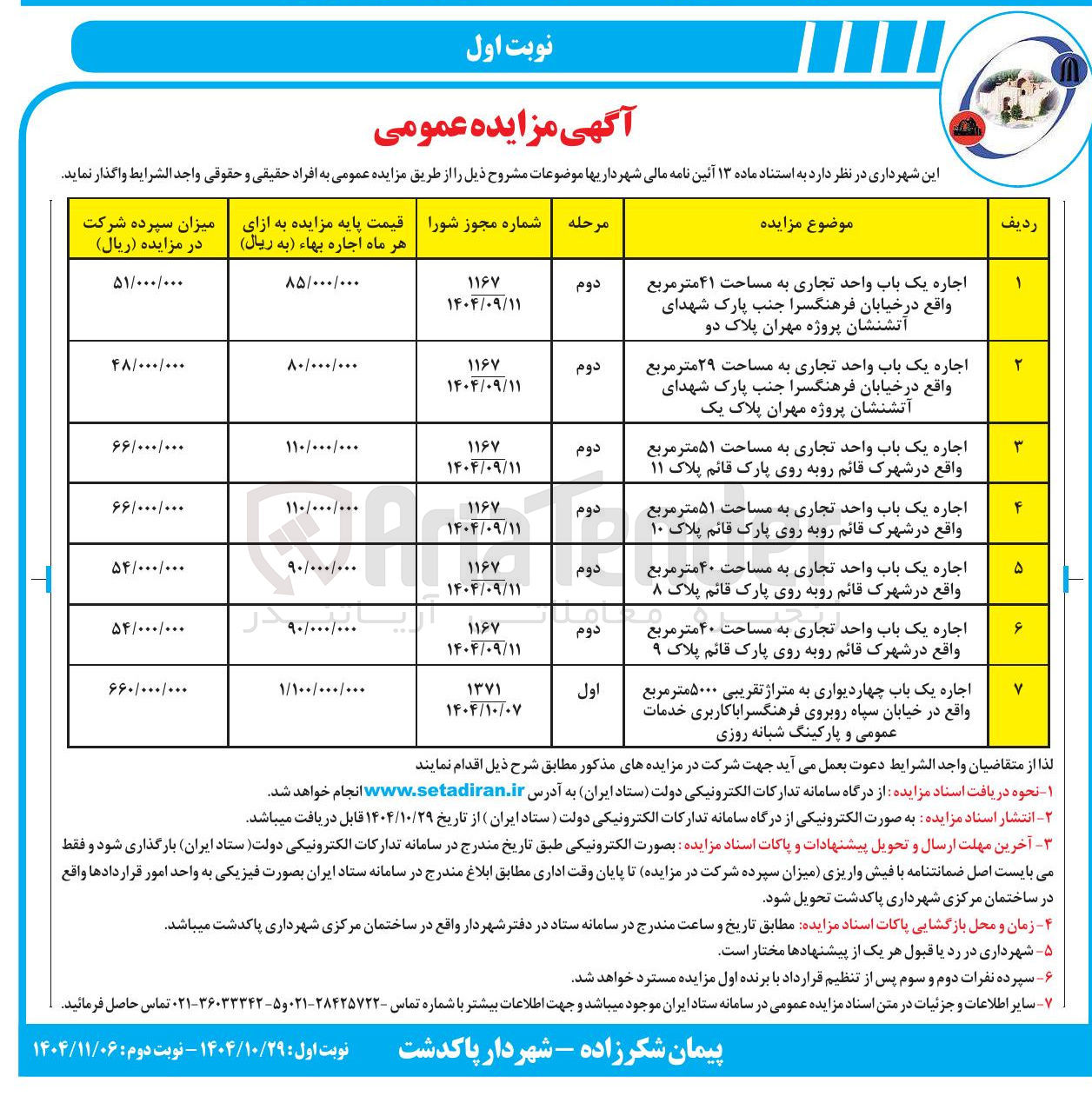 تصویر کوچک آگهی اجاره 6 باب واحد تجاری و یک باب چهار دیواری با کاربری خدمات عمومی و پارکینگ شبانه روزی