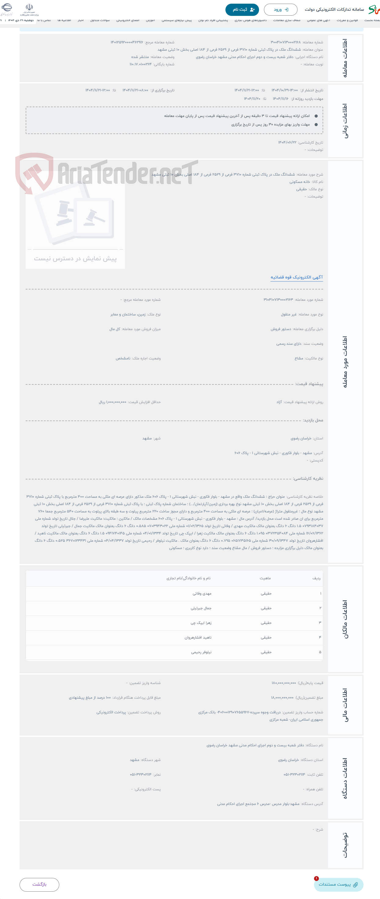 تصویر کوچک آگهی حراج ششدانگ ملک در پلاک ثبتی شماره 3710 فرعی از 2529 فرعی از 184 اصلی بخش 10 ثبتی مشهد