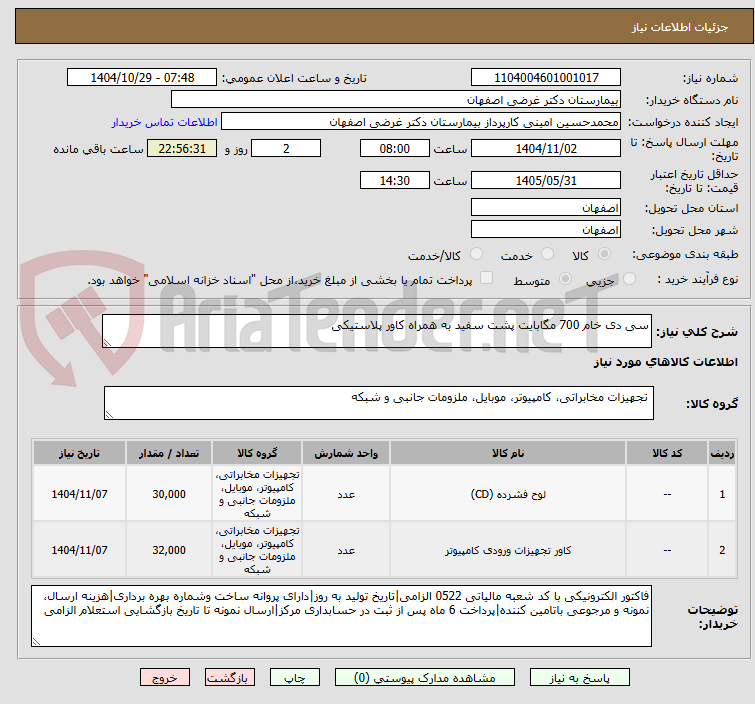 تصویر کوچک آگهی سی دی خام 700 مگابایت پشت سفید به همراه کاور پلاستیکی