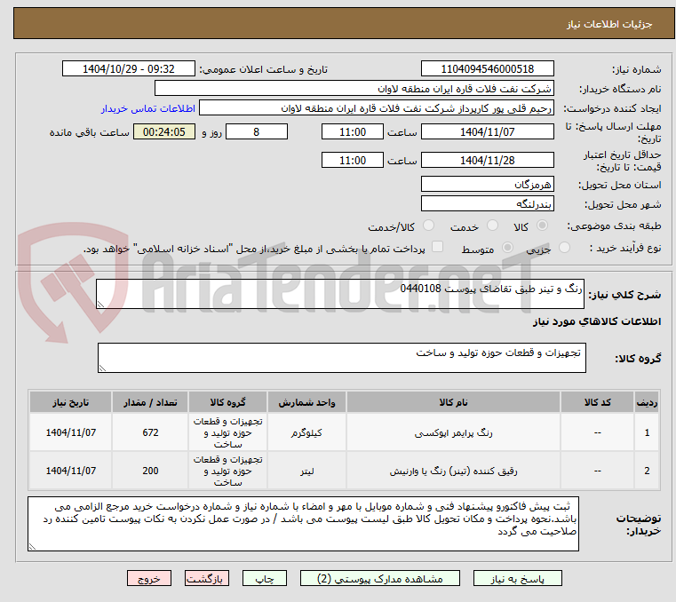 تصویر کوچک آگهی رنگ و تینر طبق تقاضای پیوست 0440108