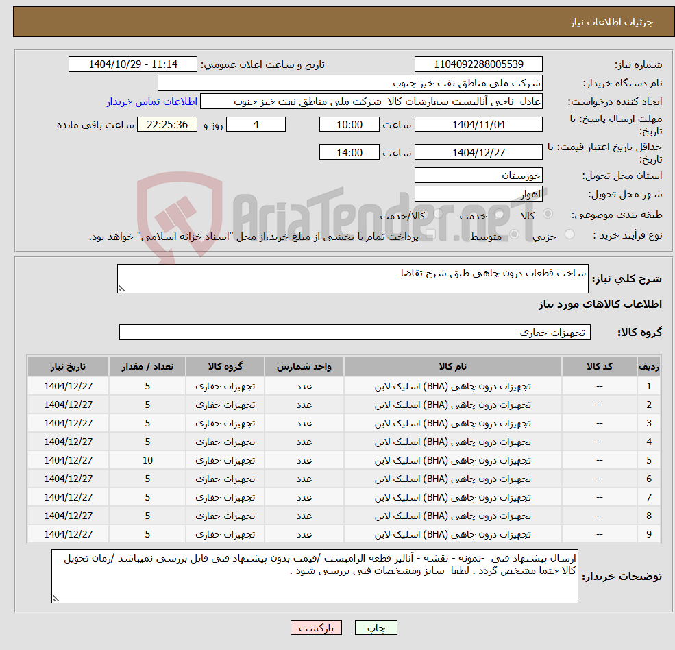 تصویر کوچک آگهی نیاز کالا-ساخت قطعات درون چاهی طبق شرح تقاضا 