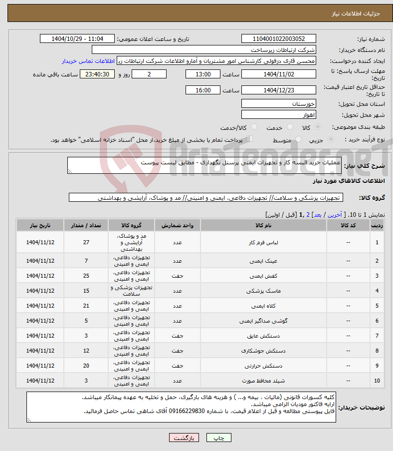 تصویر کوچک آگهی نیاز کالا-عملیات خرید البسه کار و تجهیزات ایمنی پرسنل نگهداری - مطابق لیست پیوست
