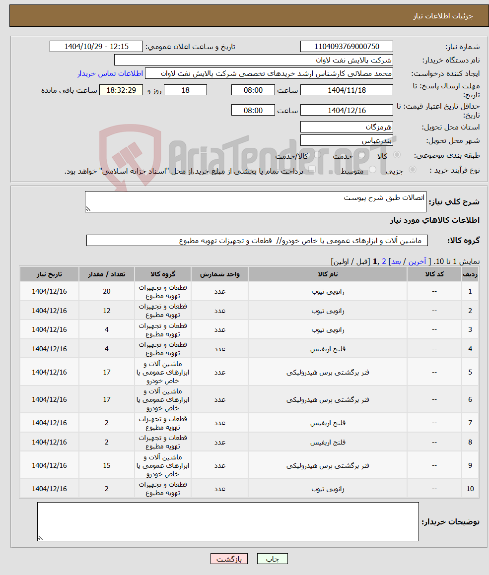 تصویر کوچک آگهی نیاز کالا-اتصالات طبق شرح پیوست