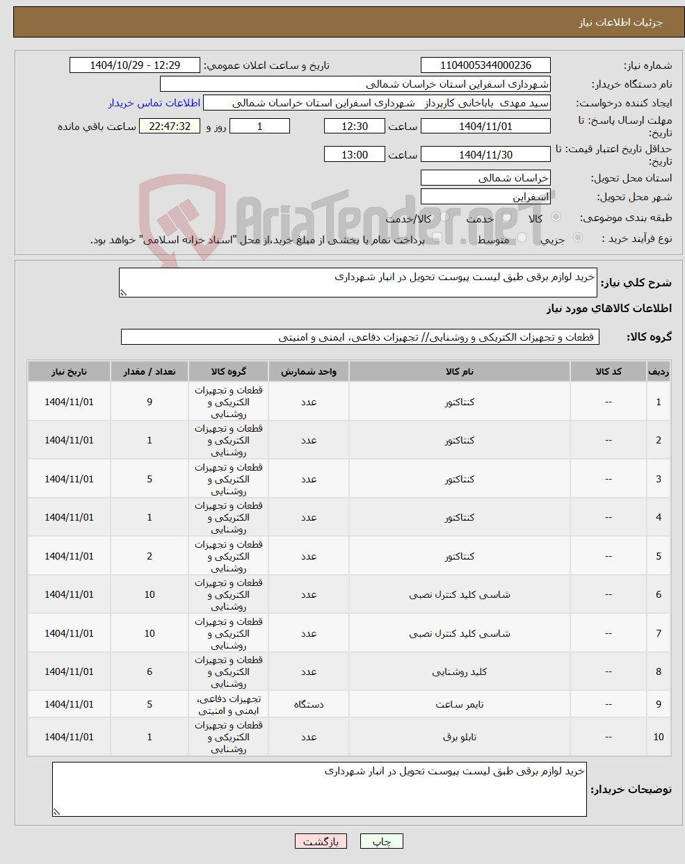 تصویر کوچک آگهی نیاز کالا-خرید لوازم برقی طبق لیست پیوست تحویل در انبار شهرداری 
