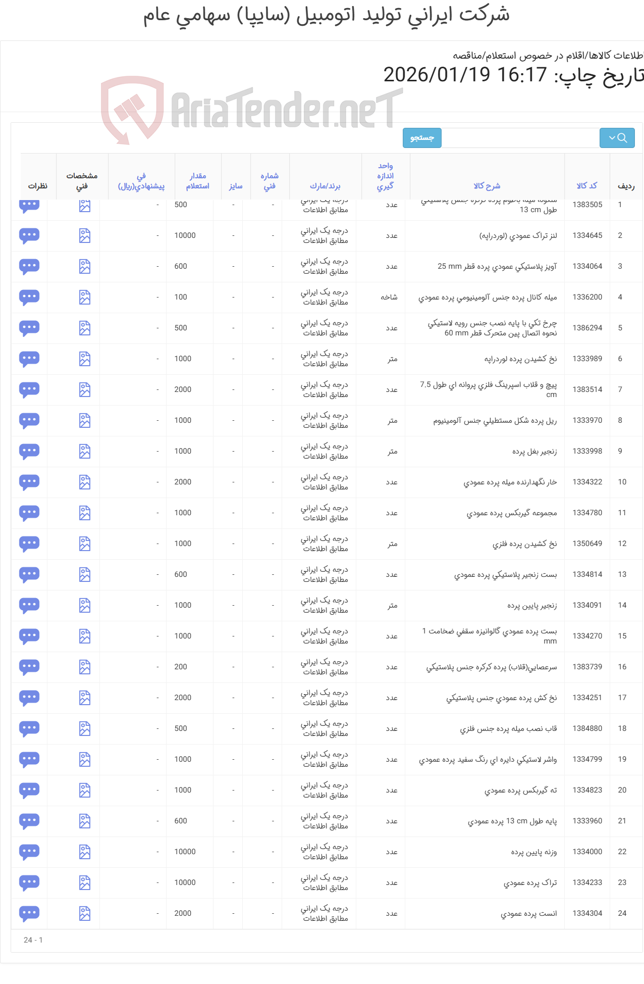تصویر کوچک آگهی 24 ردیف اقلام پرده