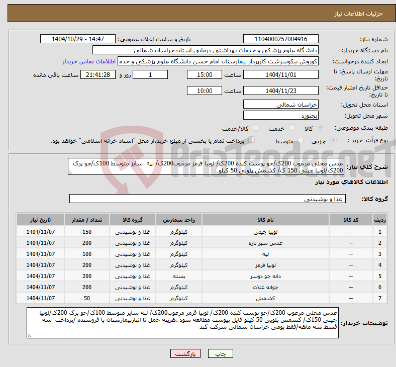 تصویر کوچک آگهی نیاز کالا-عدس محلی مرغوب 200ک/جو پوست کنده 200ک/ لوبیا قرمز مرغوب200ک/ لپه سایز متوسط 100ک/جو پرک 200ک/لوبیا چیتی 150 ک/ کشمش پلویی 50 کیلو