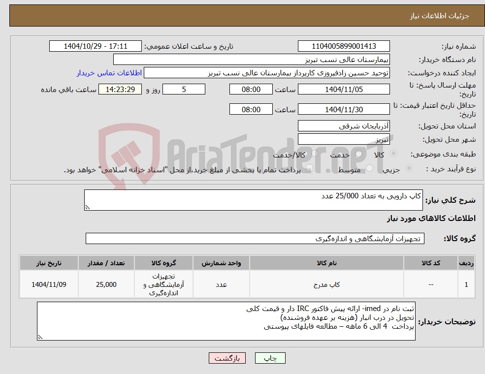 تصویر کوچک آگهی نیاز کالا-کاپ دارویی به تعداد 25/000 عدد