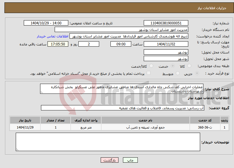 تصویر کوچک آگهی نیاز خدمات-عملیات اجرایی کف شکنی چاه مالداری اسدی ها مناطق عشایری ماهور علی عسکرلو بخش شبانکاره شهرستان دشتستان